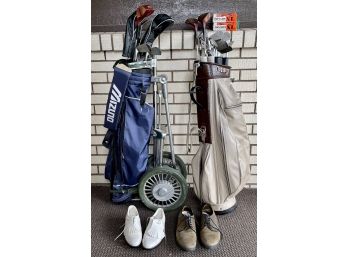 (2) Sets Of Spalding And Wilson Golf Clubs Including Mazuna, And Ram Bags With Vintage Golf Shoes