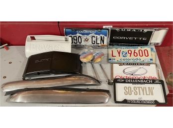 Assorted Vintage License Plates, Mirrors And Fenders Corvette, Oldsmobile, Bravada, Centennial Plates & More