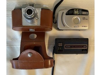 (3)  Cameras With Cases Including Minolta F35 Big Finder, Kodak Pony 135, And  Kodak Tele-instamatic 608