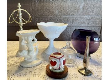 Milk Glass, Art Glass, And Ceramic Lot Includes Towel Rack, Soap Dish , Purple Art Glass Vase & More