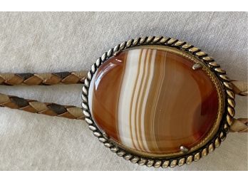Vintage Agate Multicolor Braided Leather Bolo Tie With Gold Tone Trim And Tips