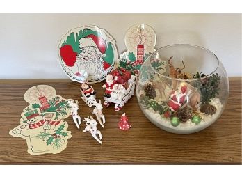 Vintage Reindeer & Santa Sleigh Signed Japan, Prismatic 1989 Wall Hangers & Terrarium W Deer & Mercury Glass