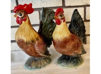 (2) Mid Century Hand-painted Glazed Ceramic Roosters Signed 2 RS