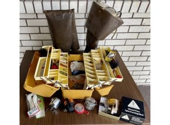 Vintage Sears Tackle Box With Contents Including, Several Reels, Spinners, Browning Reel, And Brent Waders