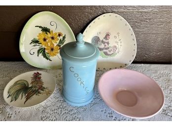 1960's Hand Painted Ceramic Mayco Lot With Cookie Jar, Rooster Plate And Floral Bowl