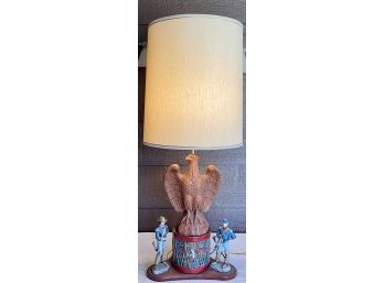 Massive Early American Mid Century Ceramic Eagle And Soldier Lamp On Wood Base