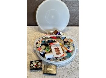 Vintage Oval Tupperware Container With Assorted Sewing Supplies - Needles, Thread, Buttons, & More