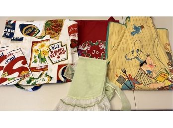 Assorted Vintage Aprons Including Advertising, BBQ, & More