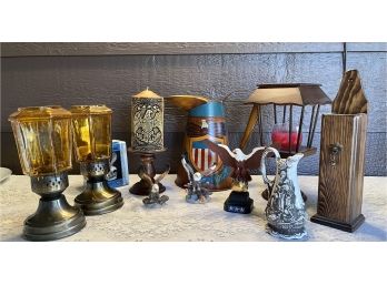 1960's Early American Decor Lot, Tole Painted Metal Pitcher, Wood Fire Place Match Stick Box, Eagle Candle