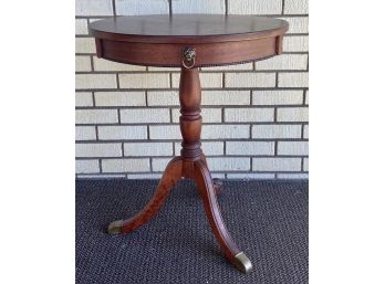 Vintage Hard Wood Pedestal Three Leg Drum Table With Metal Feet  And Lion Accent