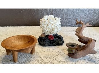 Home Decor Including Coral Display On Lava Rock Base, Hand Carved Wooden Bowl, & Ceramic Branch Candle Holder