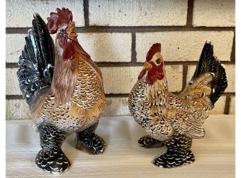 (2) Mid Century Hand-painted Glazed Ceramic Roosters