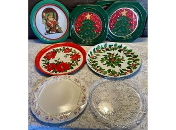 Assorted Holiday Platters Including Two Large Vintage Hallmark Metal Platters, A Ceramic Cake Plate & More
