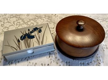 Laquerware Floral Box With Paper & Vintage Wood Box With Lid