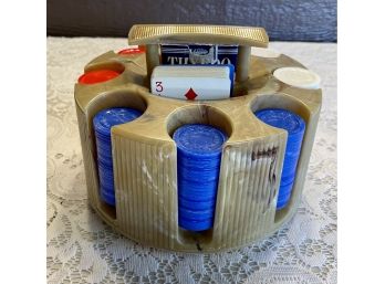 E.s. Lowe Inc Marbled Bakelite? Poker Chip Caddy With Red, White, And Blue Chips Cards Included