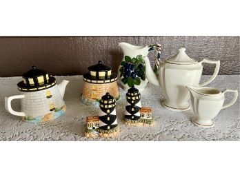 Ceramic Teapots Including A Lighthouse Set Cream, Sugar, Salt & Pepper - New In Box