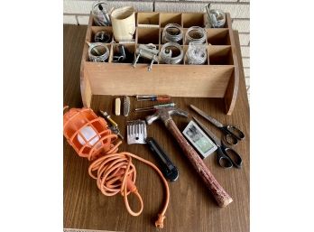 Assorted Vintage Tools And Hardware Including Hanging Shop Light, Box Cutter, Scissors, & More