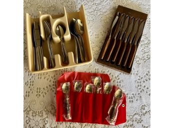 Set Of Bronze Spoons Thailand, Wooden Handled Steak Knife Set, And Assorted Stainless Steel Silver Ware
