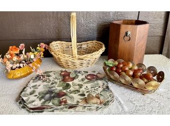 Wooden Octagonal Bin, Mid Century Metal Basket With Large Grapes, (6) Fruit Placemats, And Basket