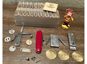 Leatherman Micra Tool, Colonial Pen Knife  Money Clip, MGM Grand Matches, Las Vegas  Coins. Moon Mullins Pin