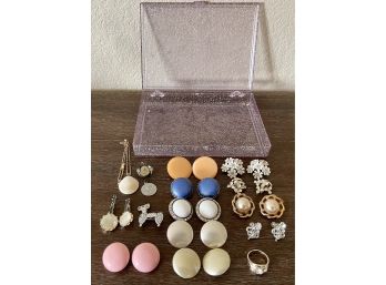 Lucite Box, Clip On Earrings, Dog & Banjo Pins, Religious, Ring & More