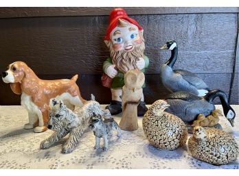 Mid Century Lot Hand Painted Ceramic Figurines, Gnome, Partridges, Dogs, Ducks & Hand Carved Wooden Owl