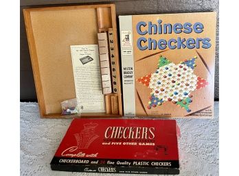 Chinese Checkers By Milton Bradley, 1963 Drueke Clapper With Rules And Vintage Checkers