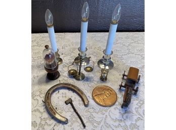 Vintage Metal And Wood Lot Including Antique Horseshoe, A Miniature Scale, Hourglass And An Oversized Penny