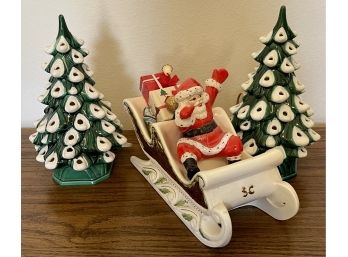 Vintage Ceramic Trees With Light Up Bases And Edith King Originals Ceramic Santa In Sleigh