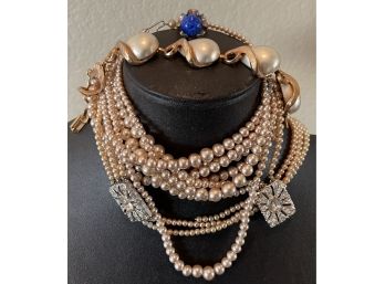 Vintage Faux Pearl Necklaces, Rhinestones, Vintage Mexico Sterling Silver Ring 8.1 Grams, Kramer Bracelet