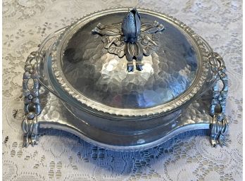 Rodney Kent Hand Wrought Aluminum Lidded Pyrex Dish With Stand