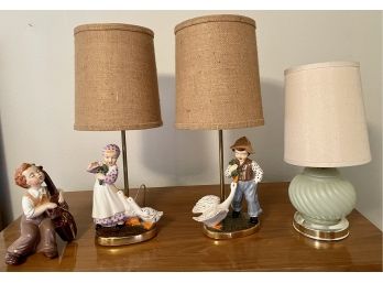 1960's (2) Ceramic Boy And Girl Lamps With Geese, One Green Glass Base Lamp, And One Ceramic Figurine