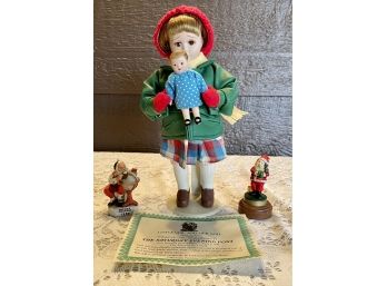 Norman Rockwell 'little Girl And Her Doll' With COA And 1980 Ornament And Solid Walnut Based Santa