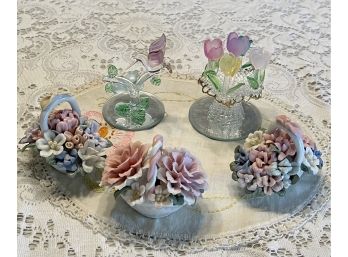 (3) Porcelain Floral Baskets And (2) Art Glass Flower Mirrored Figurines