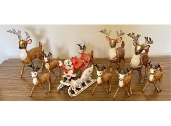 Vintage 1960's Hand Painted Santa's Sleigh And Eight Reindeer