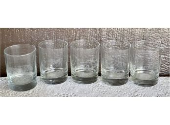 (5) Vintage Whiskey Rocks Low Ball Glasses With Etched Antique Cars