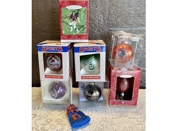Assorted Sports Ornaments Including Dale Earnhardt, Broncos, CSU, Rockies, & Avalanche