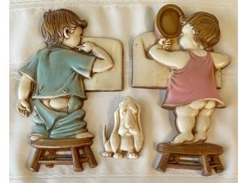 1966 Sexton Painted Metal Wall Plaques (boy, Girl And Dog)