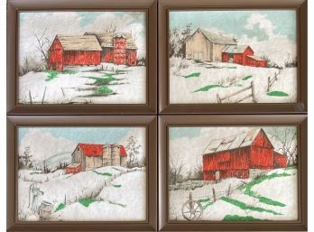 (4) Small Hand Painted Felt Farm Scenes In Plastic Frames Unmarked