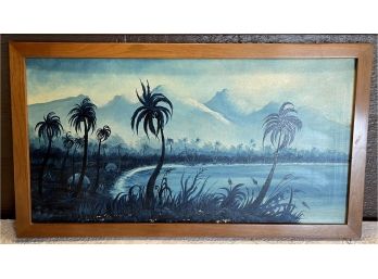 MCM Shades Of Blue Tropical Landscape Oil Painting In Wooden Frame (as Is)