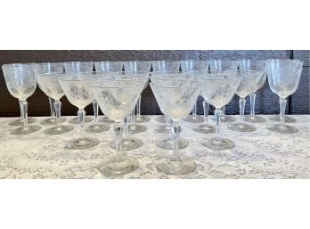 Antique Set Of Etched Floral And Leaf (12) Crystal Cordial And (12) Wine Glasses