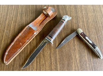 Schrade-walden New York Dog Head Knife With Tooled Leather Sheath And Colonial Fish-knife