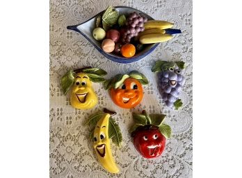 Colorful Pottery Bowl Filled With Small Ceramic Fruit And Wall Art Fruit With Faces