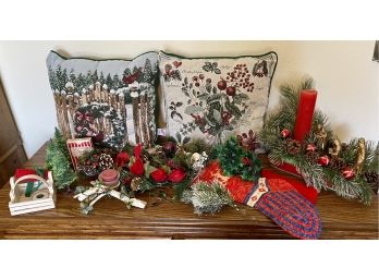 Assorted Vintage Christmas Decor Including Pillows, Stockings, Floral Arrangement Pieces And More