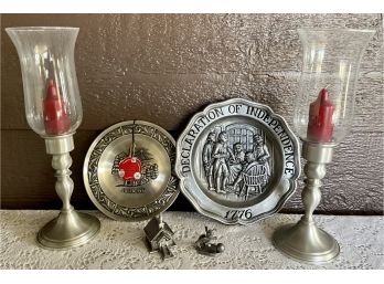 Pewter Lot ,  Astri Holthe, Holland Platter,  Web Candle Holders, Sexton 1972 Plate, And Camco Figurine