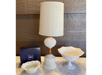 Vintage Milk Glass  Hob Nail Lamp, Westmoreland Quite Pattern Footed Bowl,  & Mikasa Ruffles Bowl