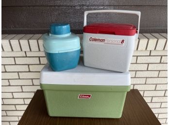 Vintage Large Green Coleman Cooler, Red Colman Personal 8 Cooler, And Blue Beverage Cooler