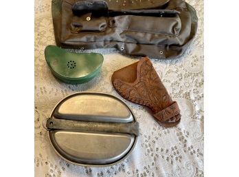 Vintage Lot Including Aluminum Mess Kit, Hand Tooled Leather Holster, & Knapsack