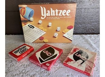 Vintage Lowe Yahtzee, TV Mystery Cards, Pocket Clapper And Uno