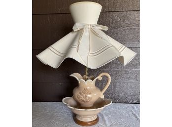 Mid Century Modern Ceramic Pitcher And Bowl Wood Base Three Way Lamp With Ruffled Bow Boudoir Lamp Shade